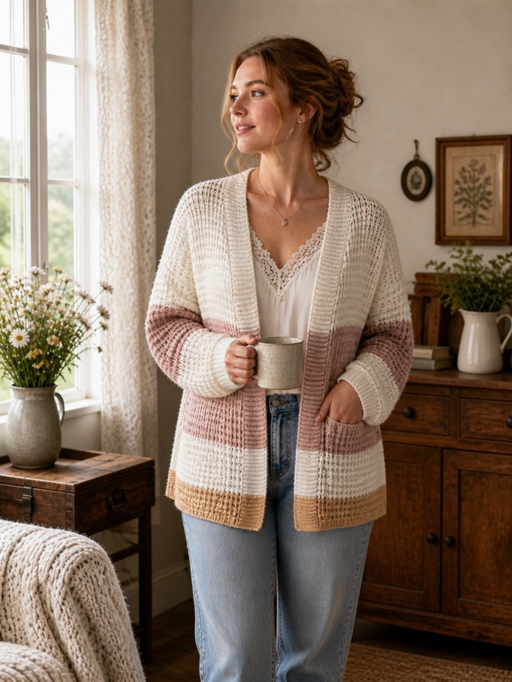 Handmade Cottagecore Knitted Colorblock Long Cardigan - Size L/XL